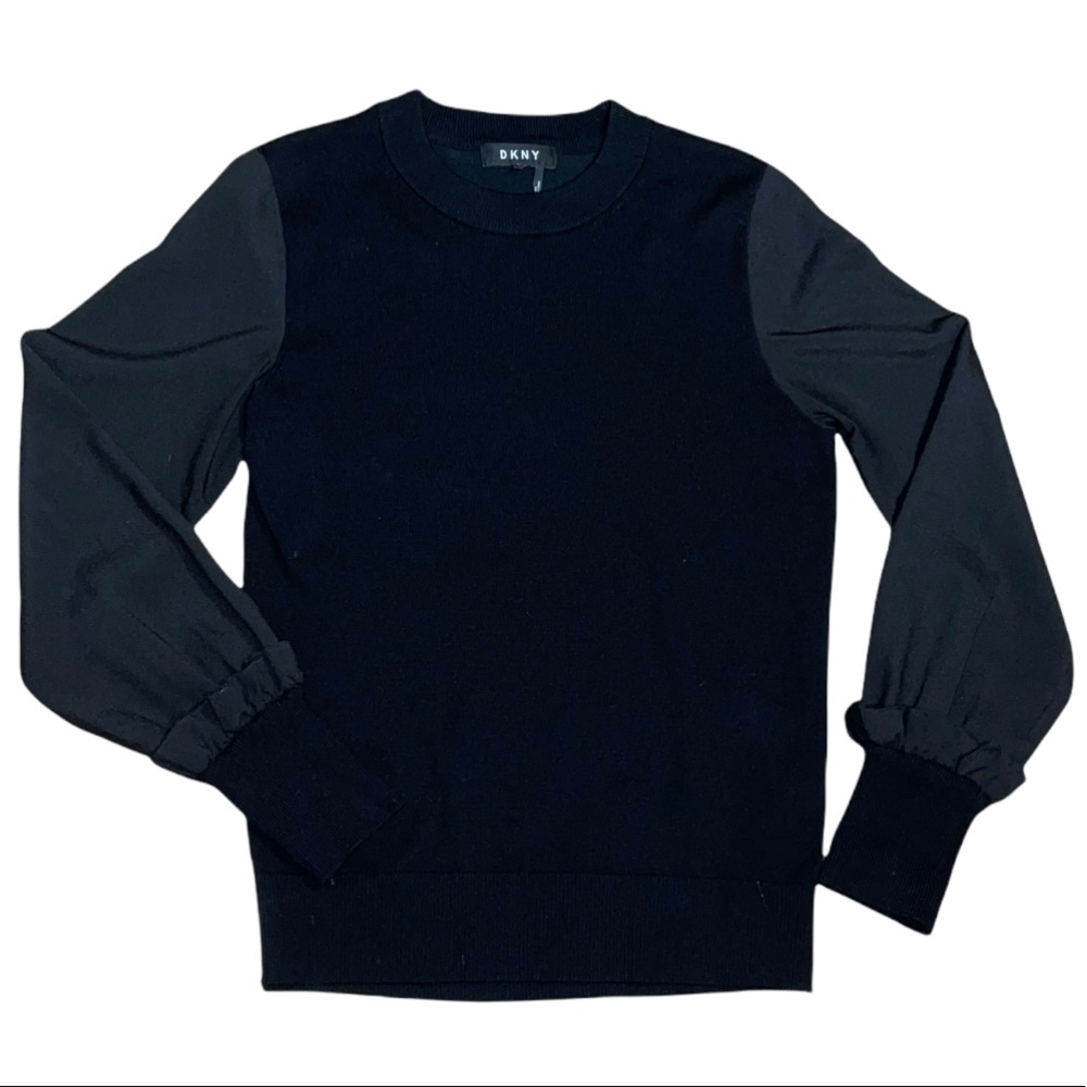 DKNY Black Sweater with Semi-Sheer Sleeve & Ruffle - Picture 4 of 8